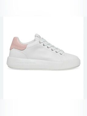 Stuart Weitzman White Leather Sneakers with Pink Heel Accent